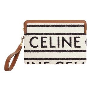 Authentic Celine Small Clutch with Strap in Striped Textile Black Detail.